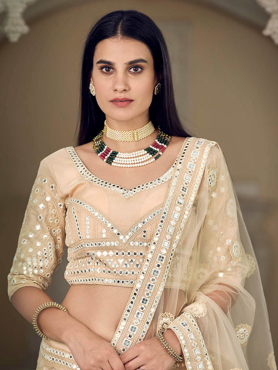 Pakistani Bridal Dress - Cream Lehenga Blouse - Ruffled Dupatta
