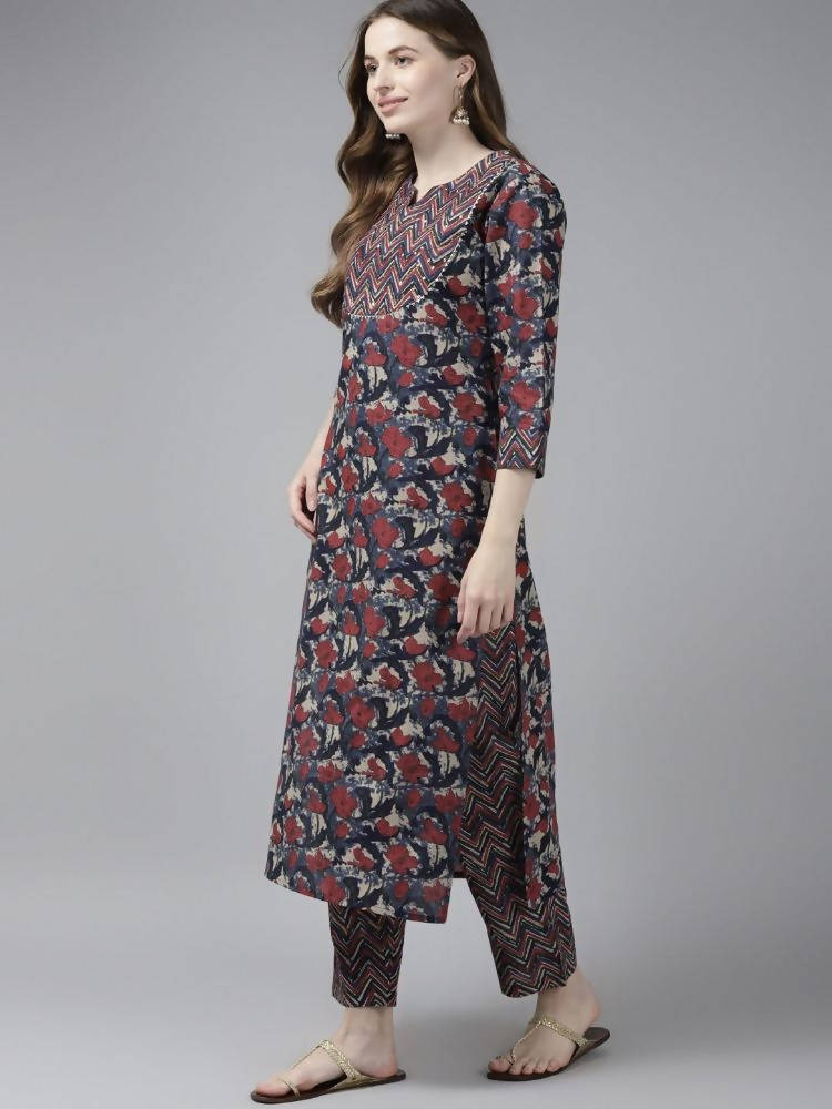 Yufta Women Navy Blue & Red Floral Printed Pure Cotton Kurta with Trouser and Dupatta