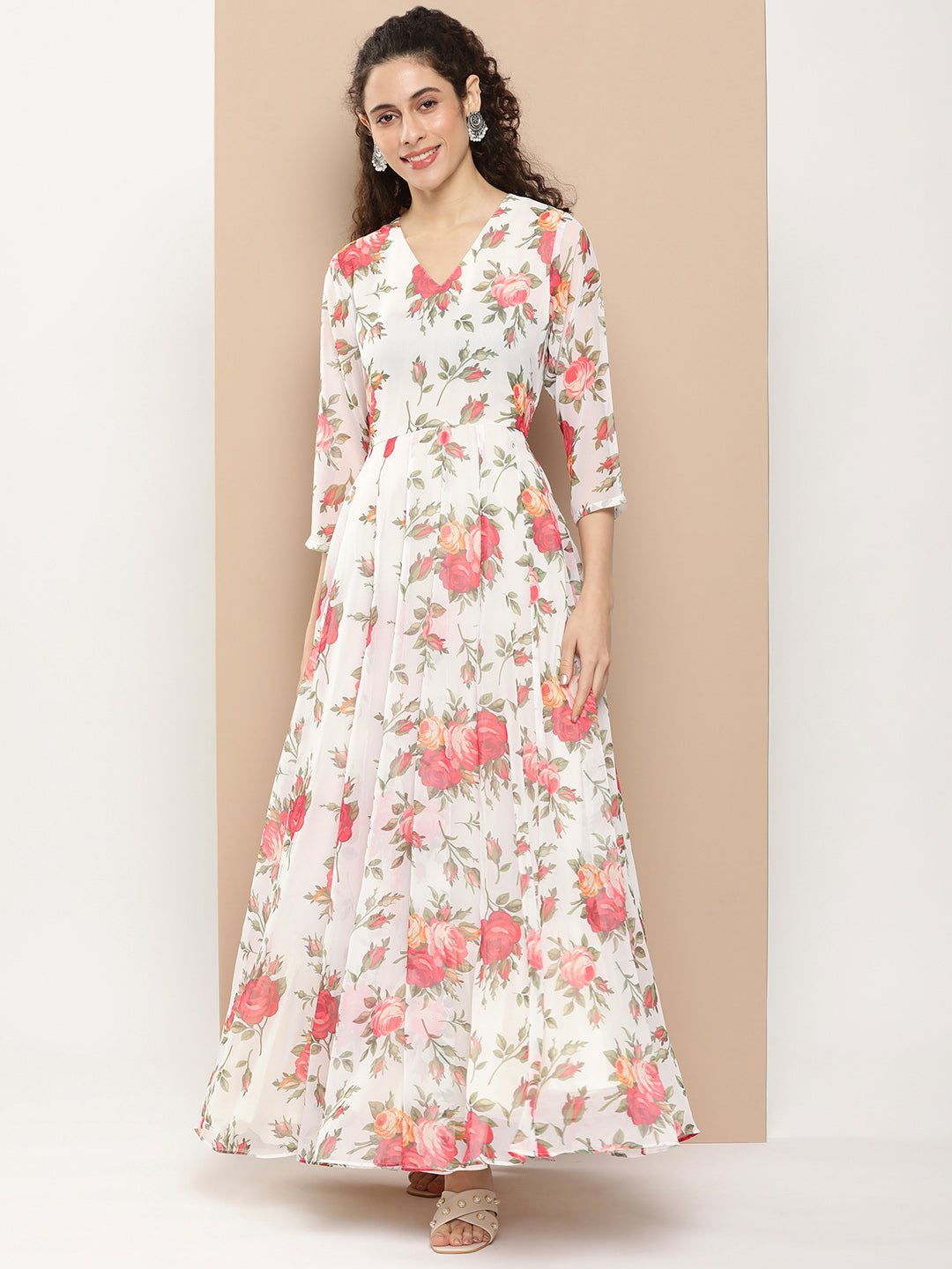 Abstract & Floral Printed Shell Embellished Midi Dress with Waist Belt –  FASHOR