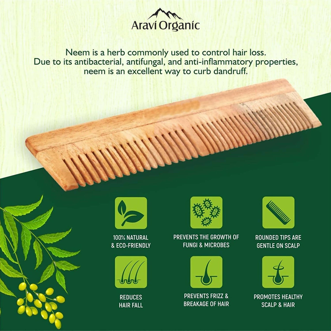 Aravi Organic Neem Wood Comb Fine and Wide Tooth - Distacart