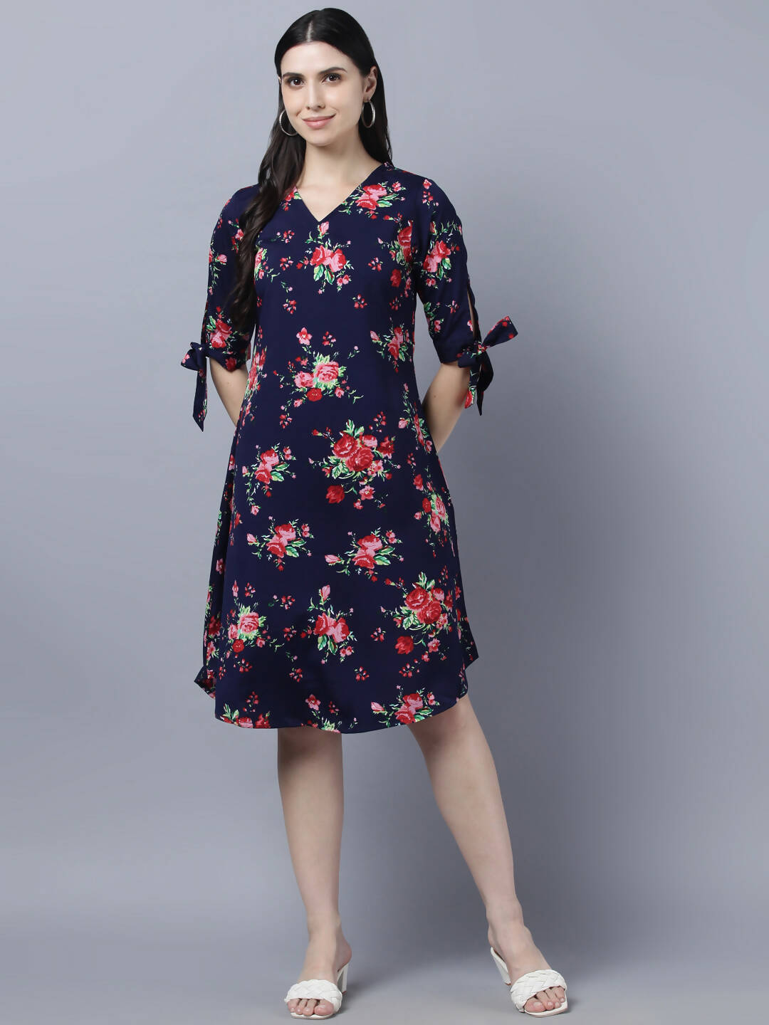 Myshka Women Navy Blue Pink Floral Print A-line Dress - Distacart