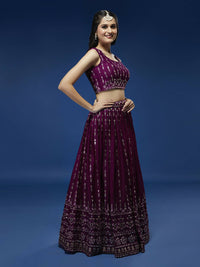 Thumbnail for House of Panchhi Women Burgundy Pure Georgette Sequinse Embroidered Lehenga & Blouse, Dupatta - Distacart