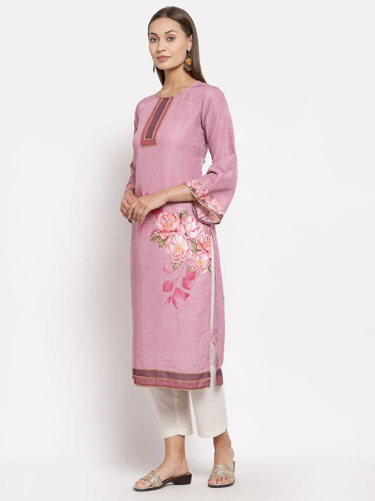 Myshka Women's Pink Cotton Printed Full Sleeve Round Neck Casual Kurta