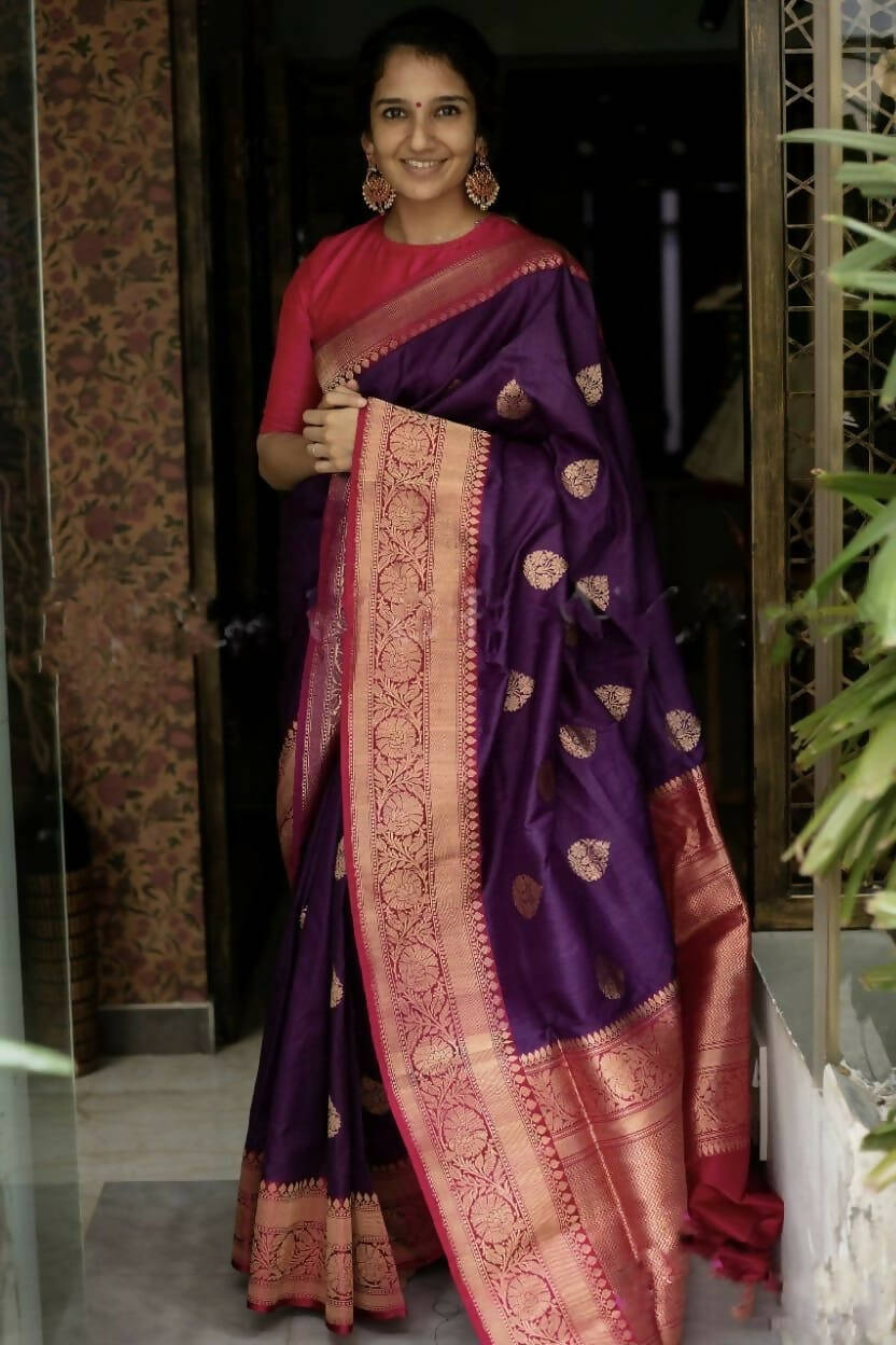 DEIANA'S Beautiful Golden Jari with New Design Soft Lichi Silk Saree - Purple - Distacart