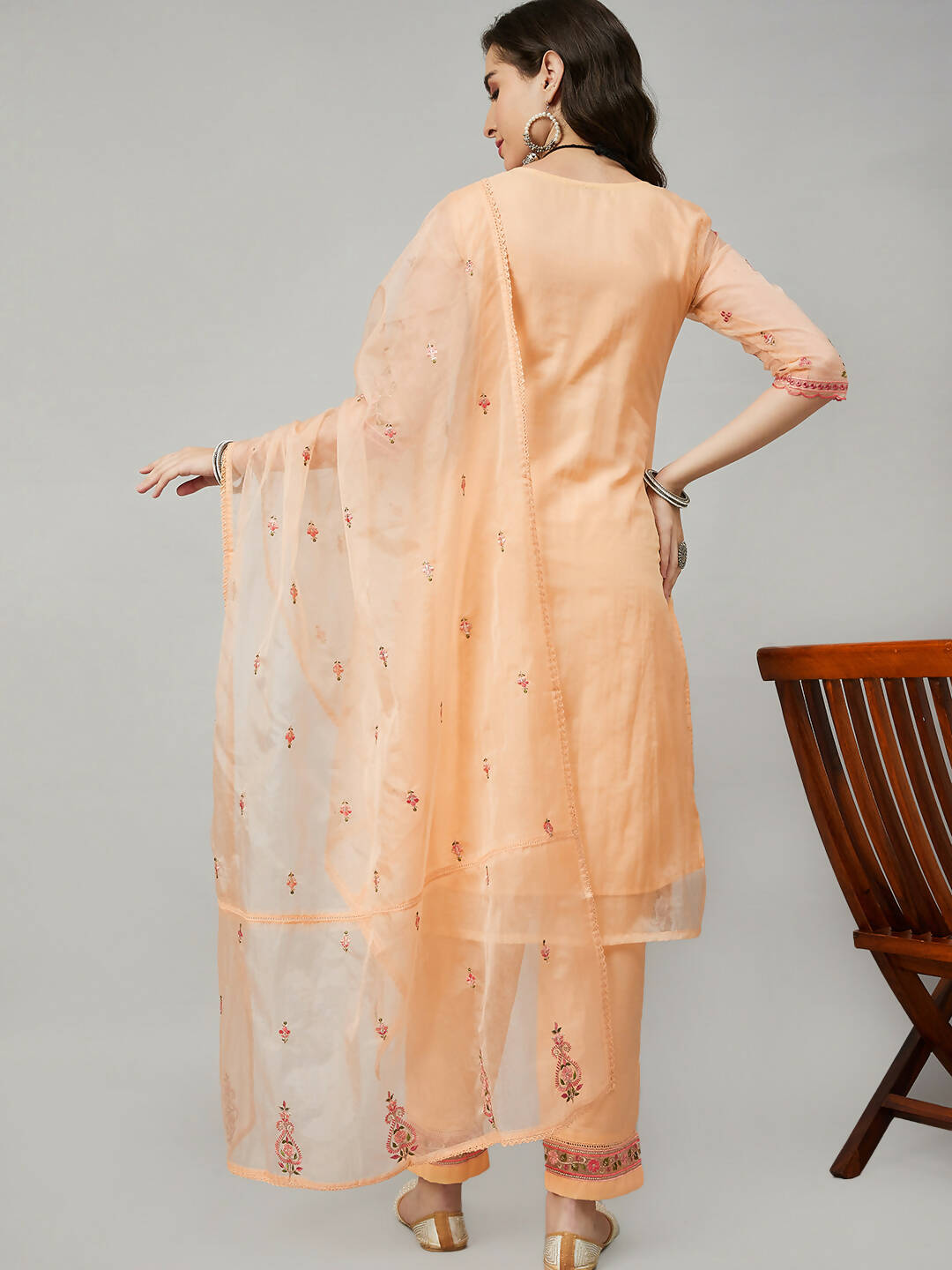 Orange Organza Embroidered Kurta with Bottom & Dupatta - Salimar - Distacart