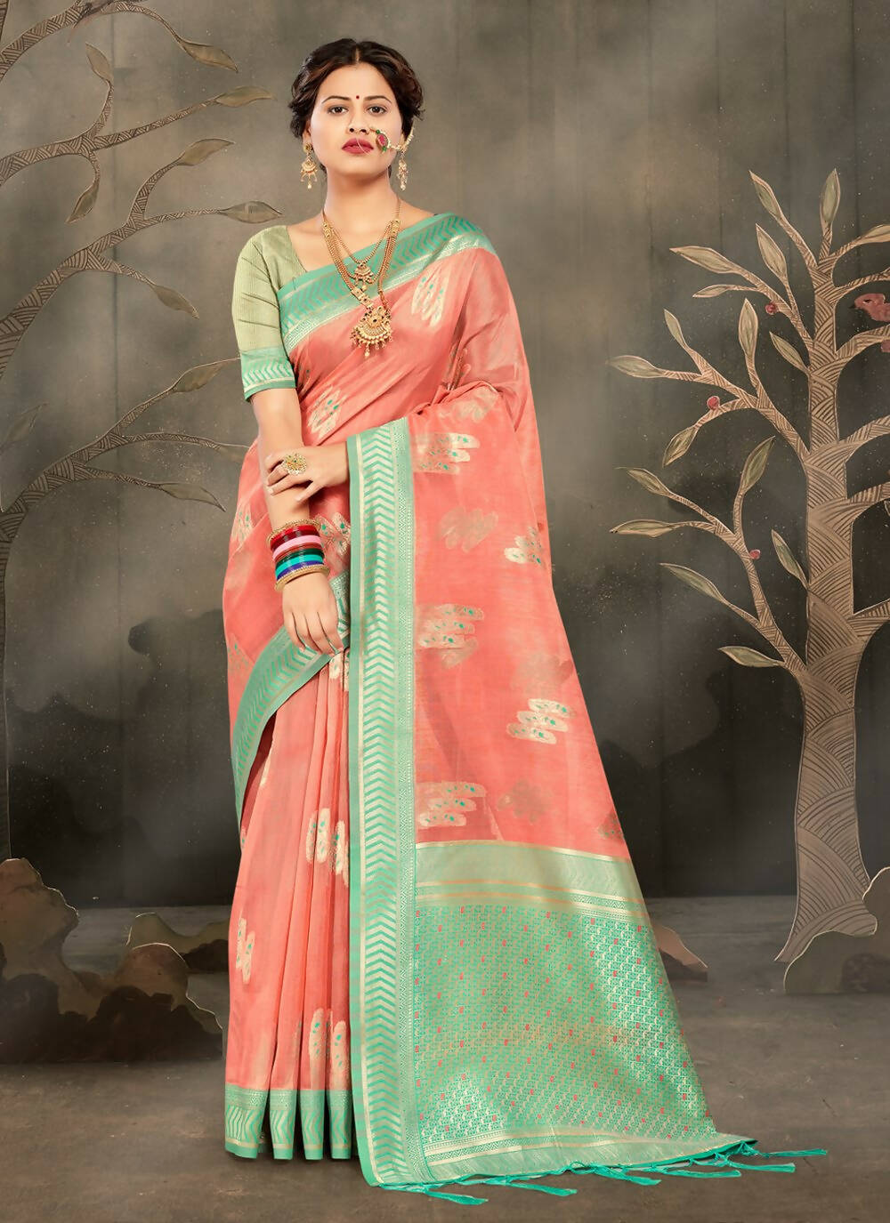 Peach Diamond Work Cotton Saree