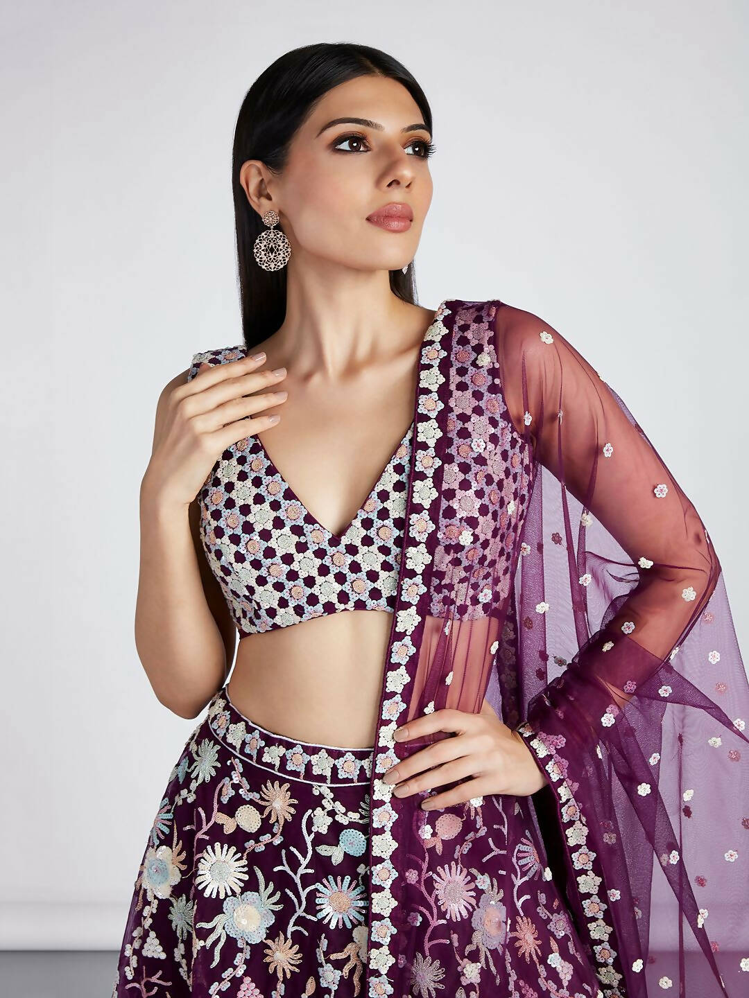 House of Panchhi Burgundy Net heavy Sequinse embroidery Semi-Stitched Lehenga choli & Dupatta - Distacart