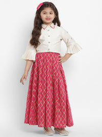 Thumbnail for White Solid Cotton Silk Crop Top With Gold Block Print Cotton Pleated Lehenga for Kids - Bhama - Distacart