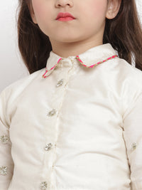 Thumbnail for White Solid Cotton Silk Crop Top With Gold Block Print Cotton Pleated Lehenga for Kids - Bhama - Distacart