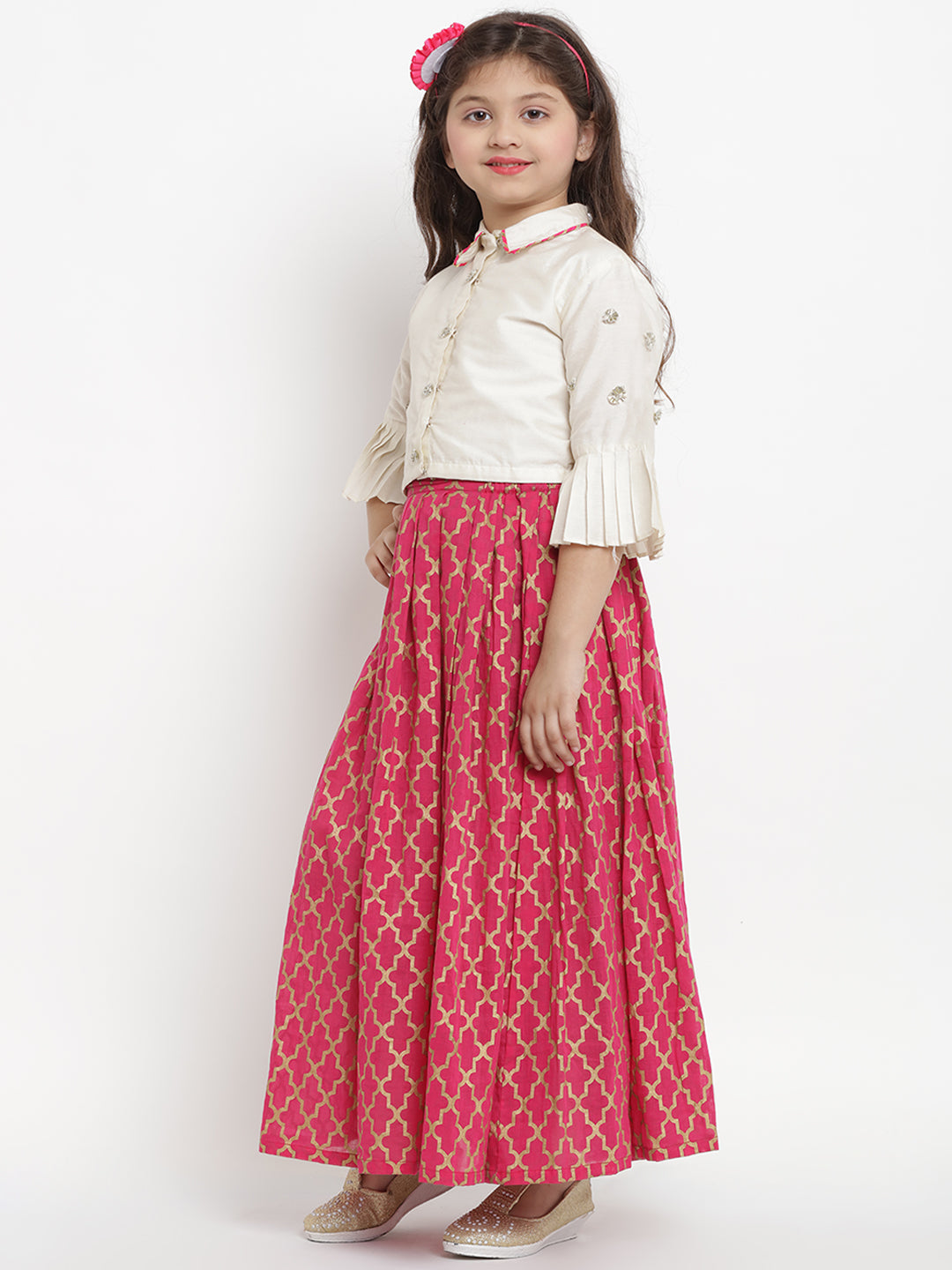 White Solid Cotton Silk Crop Top With Gold Block Print Cotton Pleated Lehenga for Kids - Bhama - Distacart