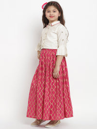 Thumbnail for White Solid Cotton Silk Crop Top With Gold Block Print Cotton Pleated Lehenga for Kids - Bhama - Distacart