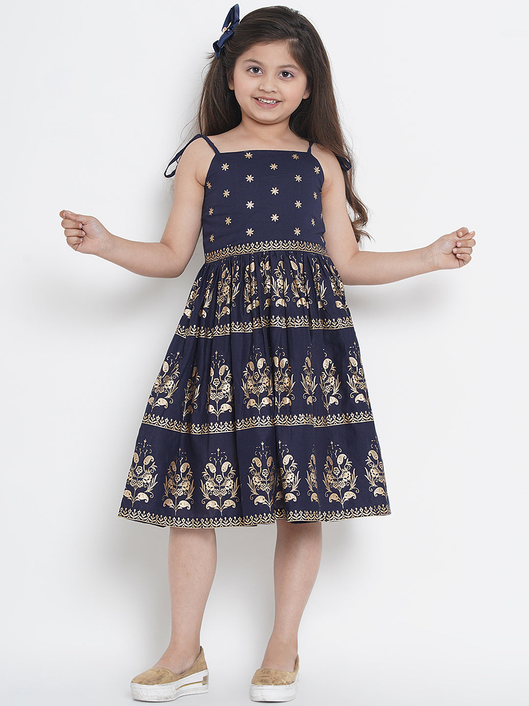 Girls Navy Blue Foil Print Fit & Flare Dress for Kids - Bhama - Distacart