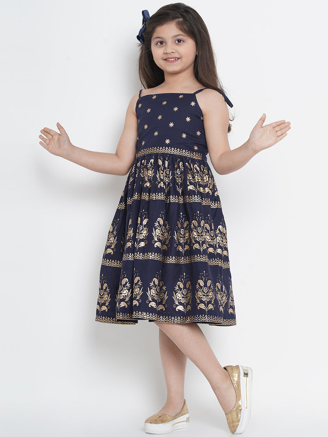 Girls Navy Blue Foil Print Fit & Flare Dress for Kids - Bhama - Distacart