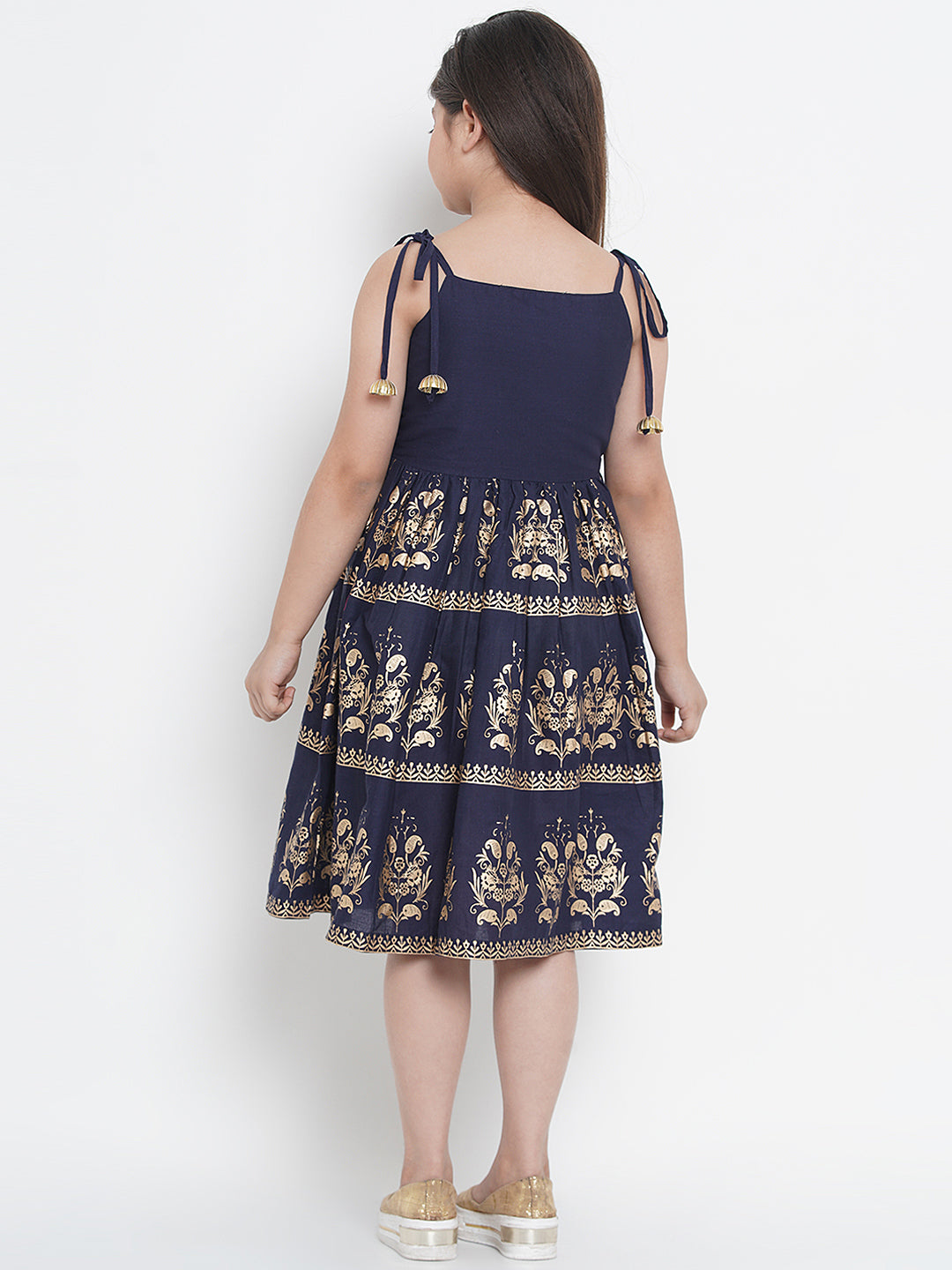 Girls Navy Blue Foil Print Fit & Flare Dress for Kids - Bhama - Distacart