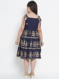 Thumbnail for Girls Navy Blue Foil Print Fit & Flare Dress for Kids - Bhama - Distacart