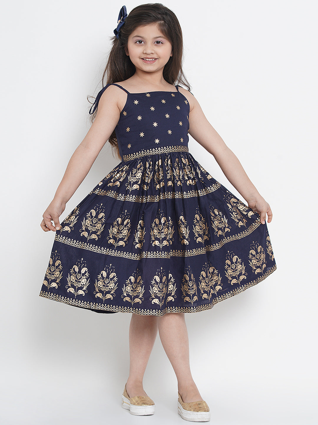 Girls Navy Blue Foil Print Fit & Flare Dress for Kids - Bhama - Distacart