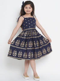 Thumbnail for Girls Navy Blue Foil Print Fit & Flare Dress for Kids - Bhama - Distacart