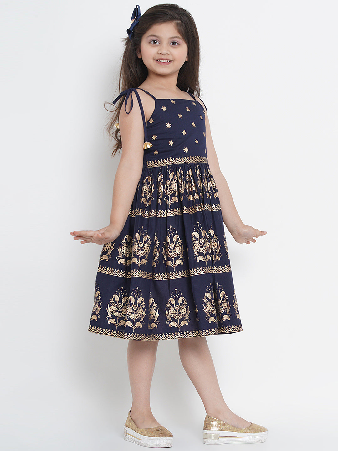 Girls Navy Blue Foil Print Fit & Flare Dress for Kids - Bhama - Distacart