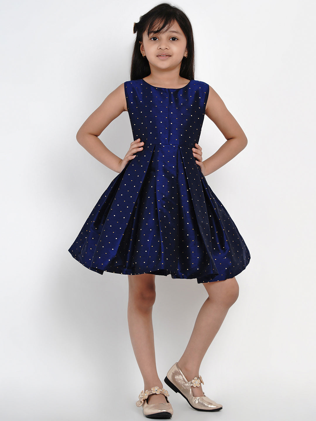 Girls Navy Blue Woven Design A-Line Fit And Flare Dress for Kids - Bhama - Distacart