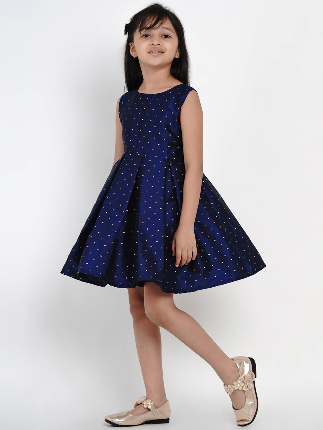 Girls Navy Blue Woven Design A-Line Fit And Flare Dress for Kids - Bhama - Distacart