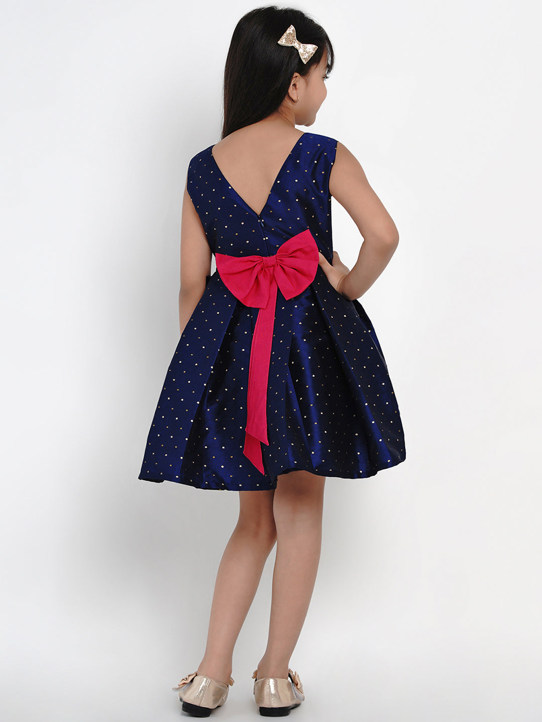 Girls Navy Blue Woven Design A-Line Fit And Flare Dress for Kids - Bhama - Distacart