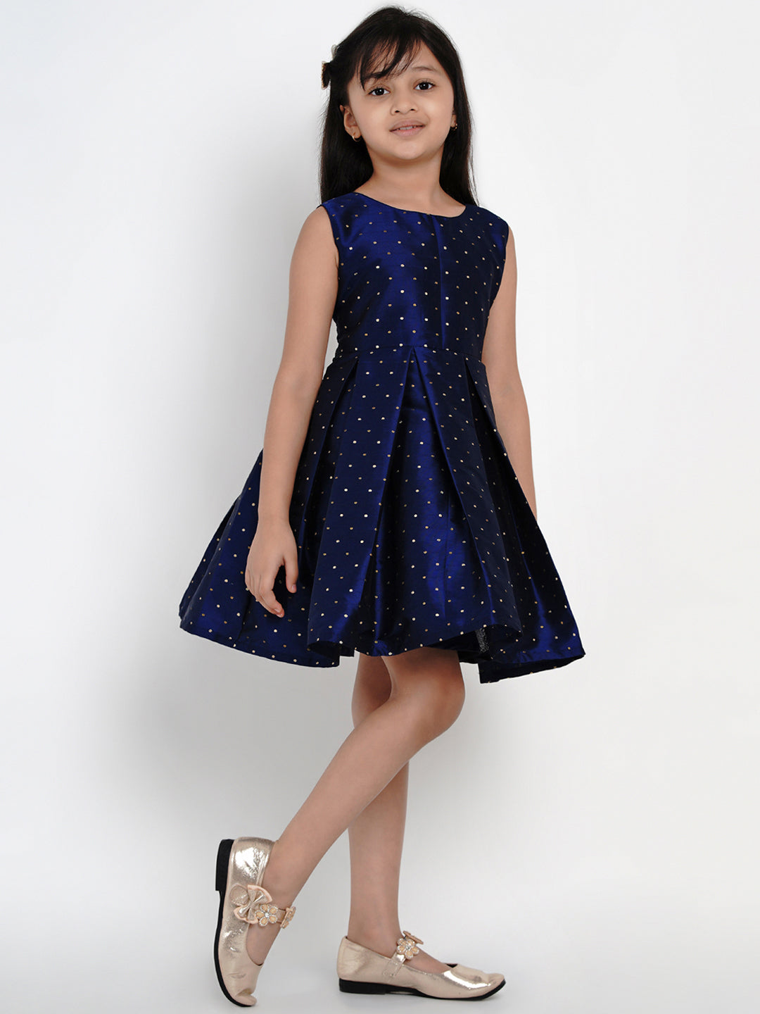 Girls Navy Blue Woven Design A-Line Fit And Flare Dress for Kids - Bhama - Distacart