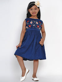 Thumbnail for Girls Blue Embroidered Fit and Flare Dress for Kids - Bhama - Distacart