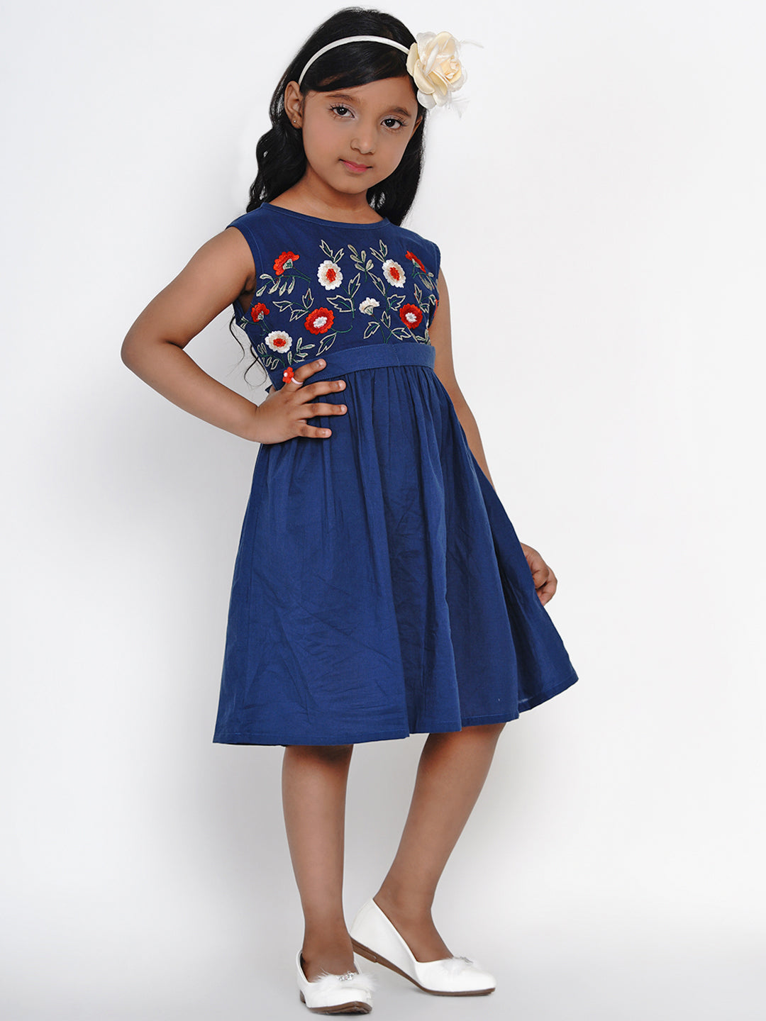 Girls Blue Embroidered Fit and Flare Dress for Kids - Bhama - Distacart