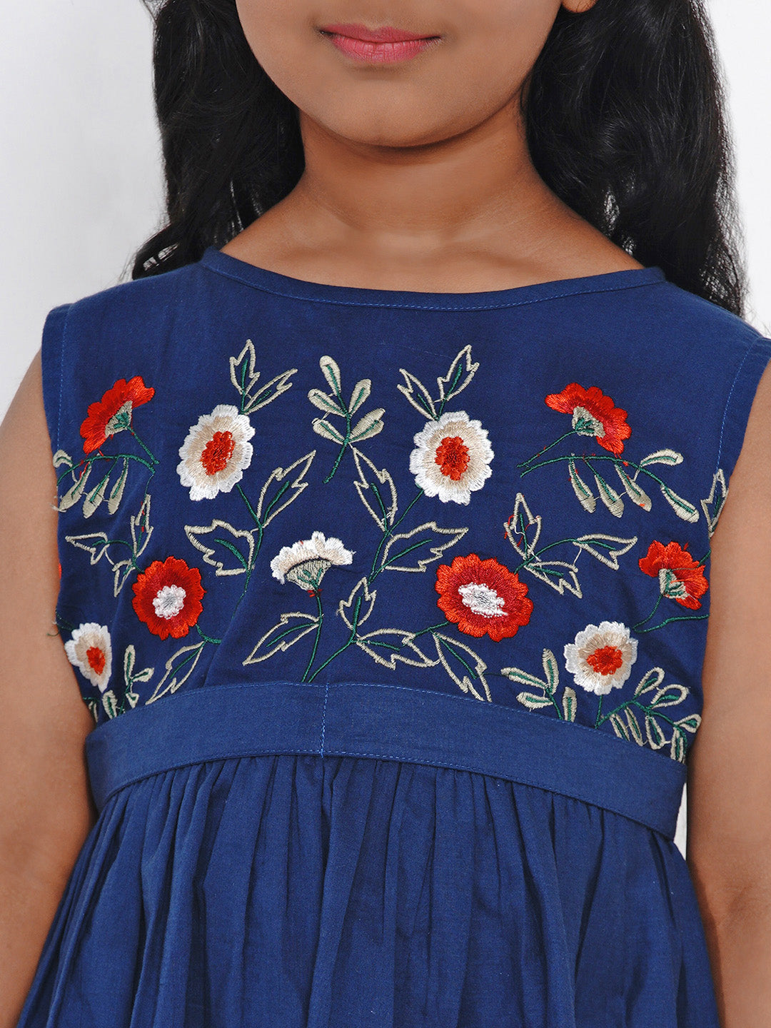 Girls Blue Embroidered Fit and Flare Dress for Kids - Bhama - Distacart