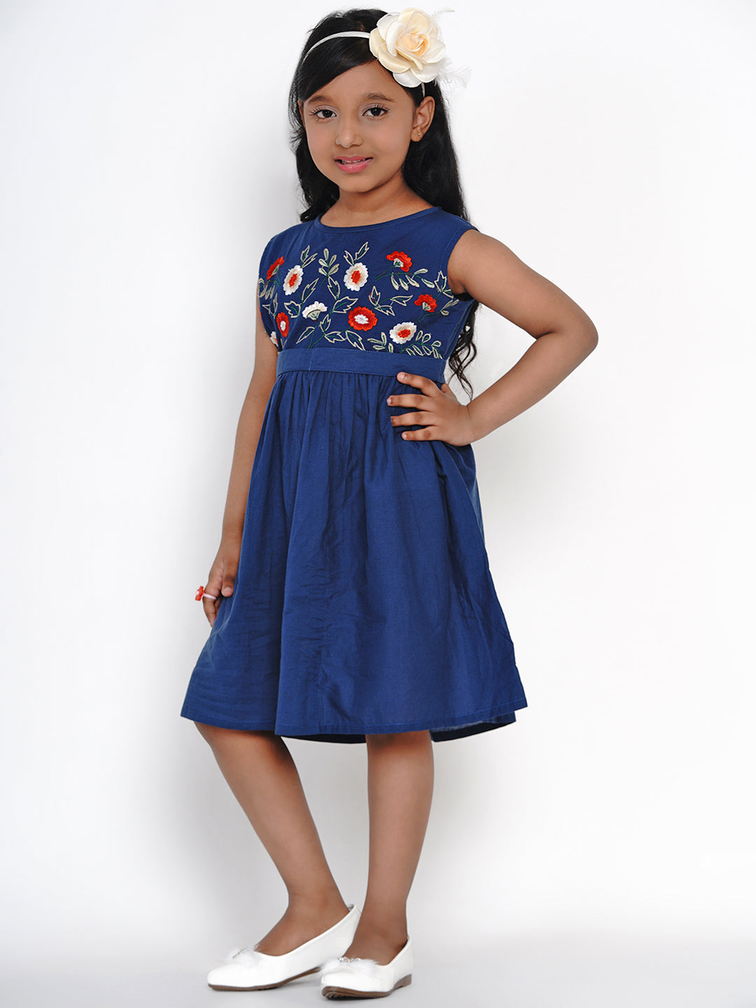 Girls Blue Embroidered Fit and Flare Dress for Kids - Bhama - Distacart