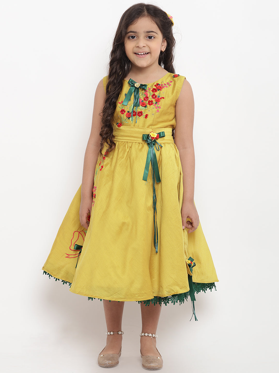 Girls Yellow Embellished Fit and Flare Dress for Kids - Bhama - Distacart