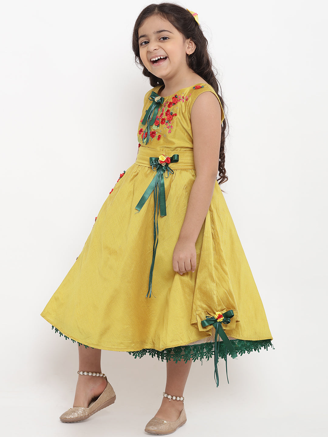 Girls Yellow Embellished Fit and Flare Dress for Kids - Bhama - Distacart