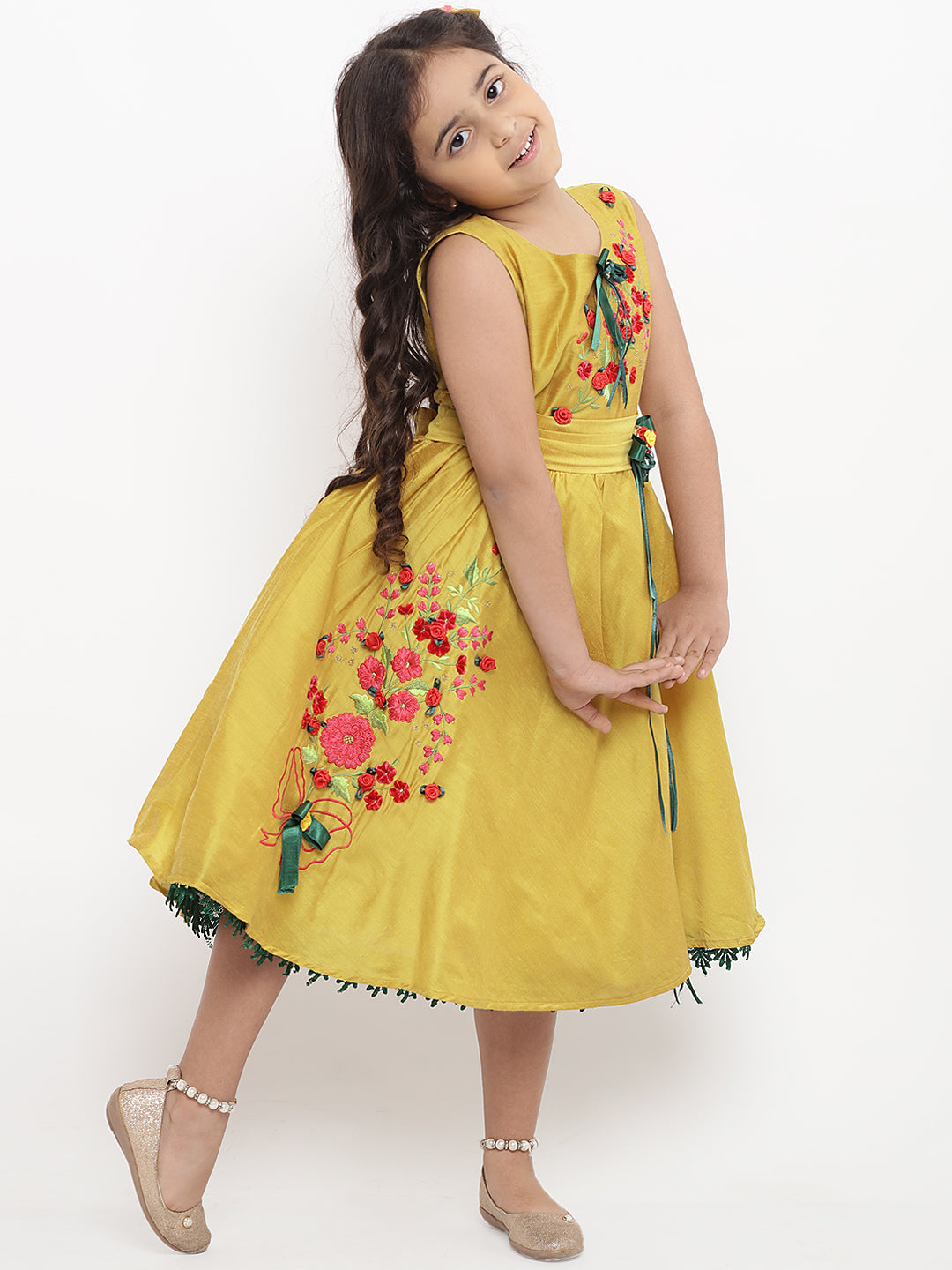 Girls Yellow Embellished Fit and Flare Dress for Kids - Bhama - Distacart