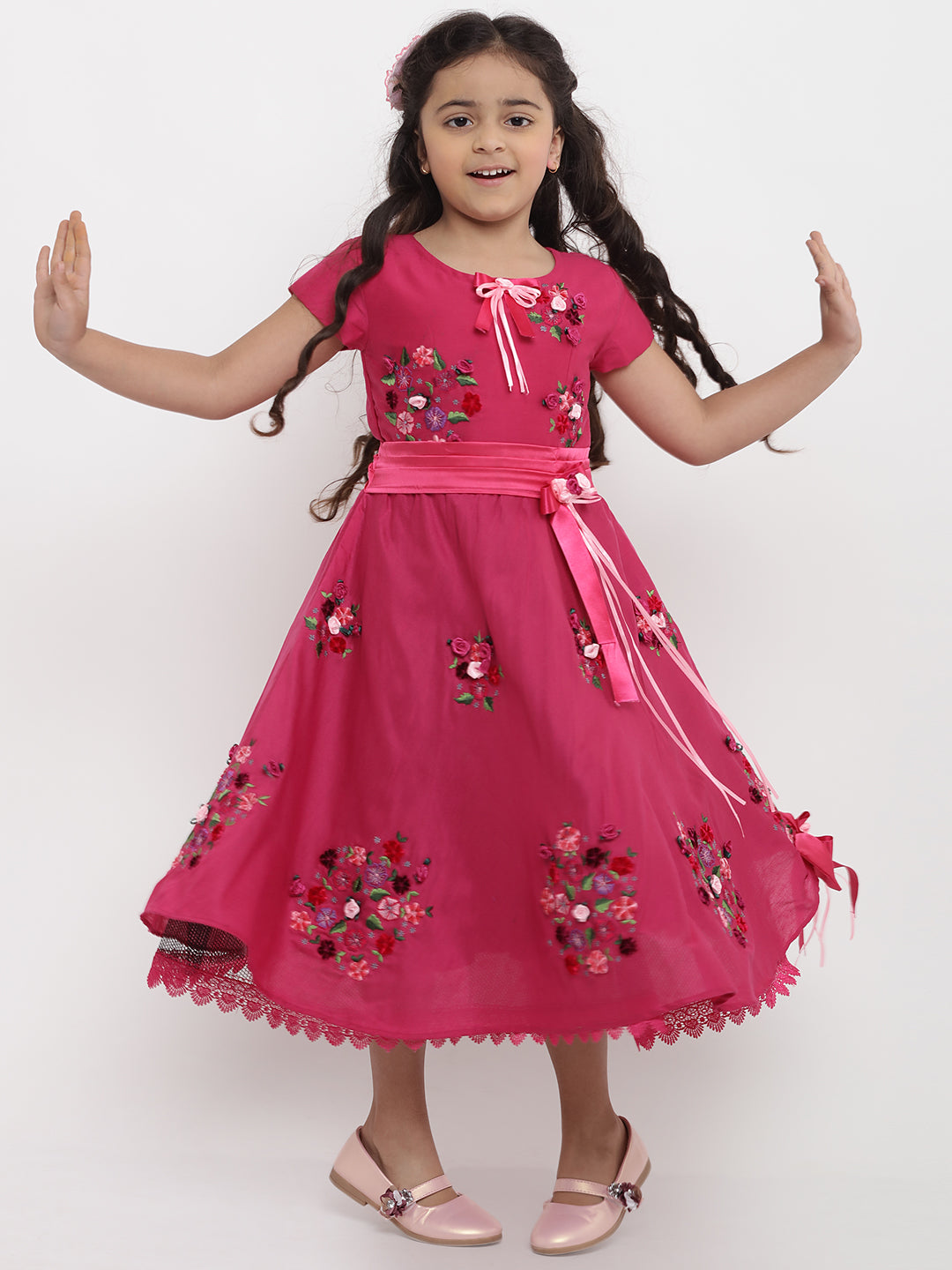 Girls Pink Floral Embroidered Fit and Flare Dress for Kids - Bhama - Distacart