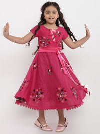 Thumbnail for Girls Pink Floral Embroidered Fit and Flare Dress for Kids - Bhama - Distacart