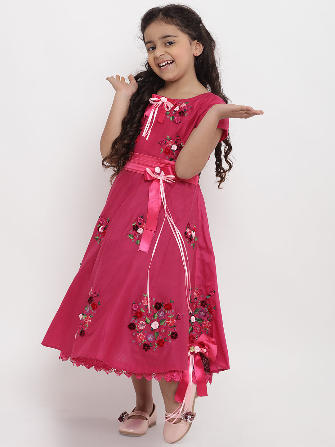 Girls Pink Floral Embroidered Fit and Flare Dress for Kids - Bhama - Distacart