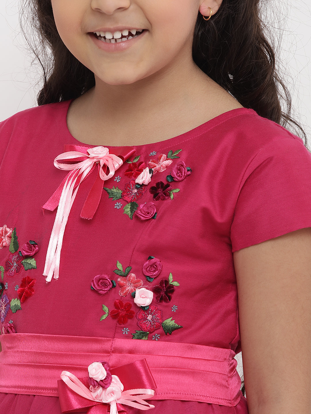 Girls Pink Floral Embroidered Fit and Flare Dress for Kids - Bhama - Distacart