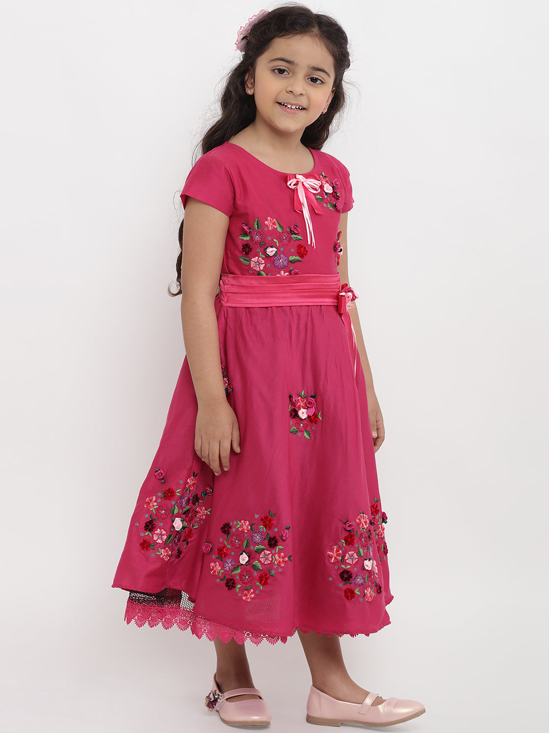 Girls Pink Floral Embroidered Fit and Flare Dress for Kids - Bhama - Distacart