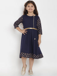 Thumbnail for Girls Solid Navy Blue A-Line Dress for Kids - Bhama - Distacart