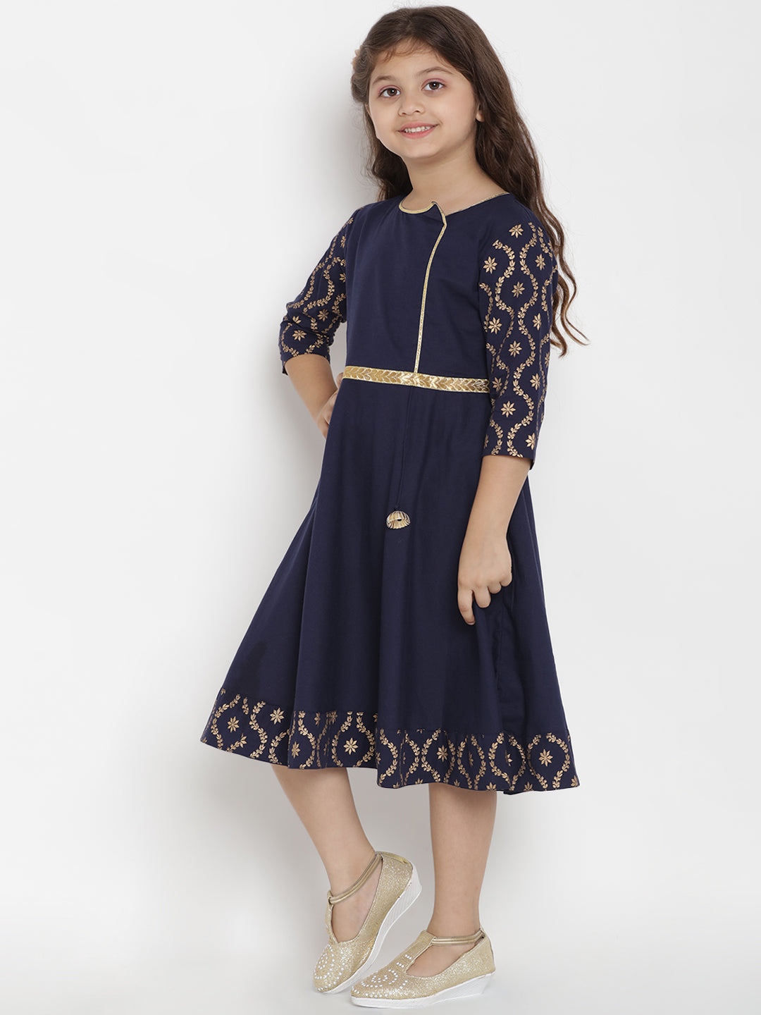 Girls Solid Navy Blue A-Line Dress for Kids - Bhama - Distacart