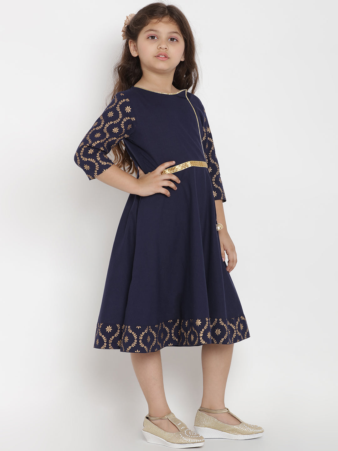 Girls Solid Navy Blue A-Line Dress for Kids - Bhama - Distacart