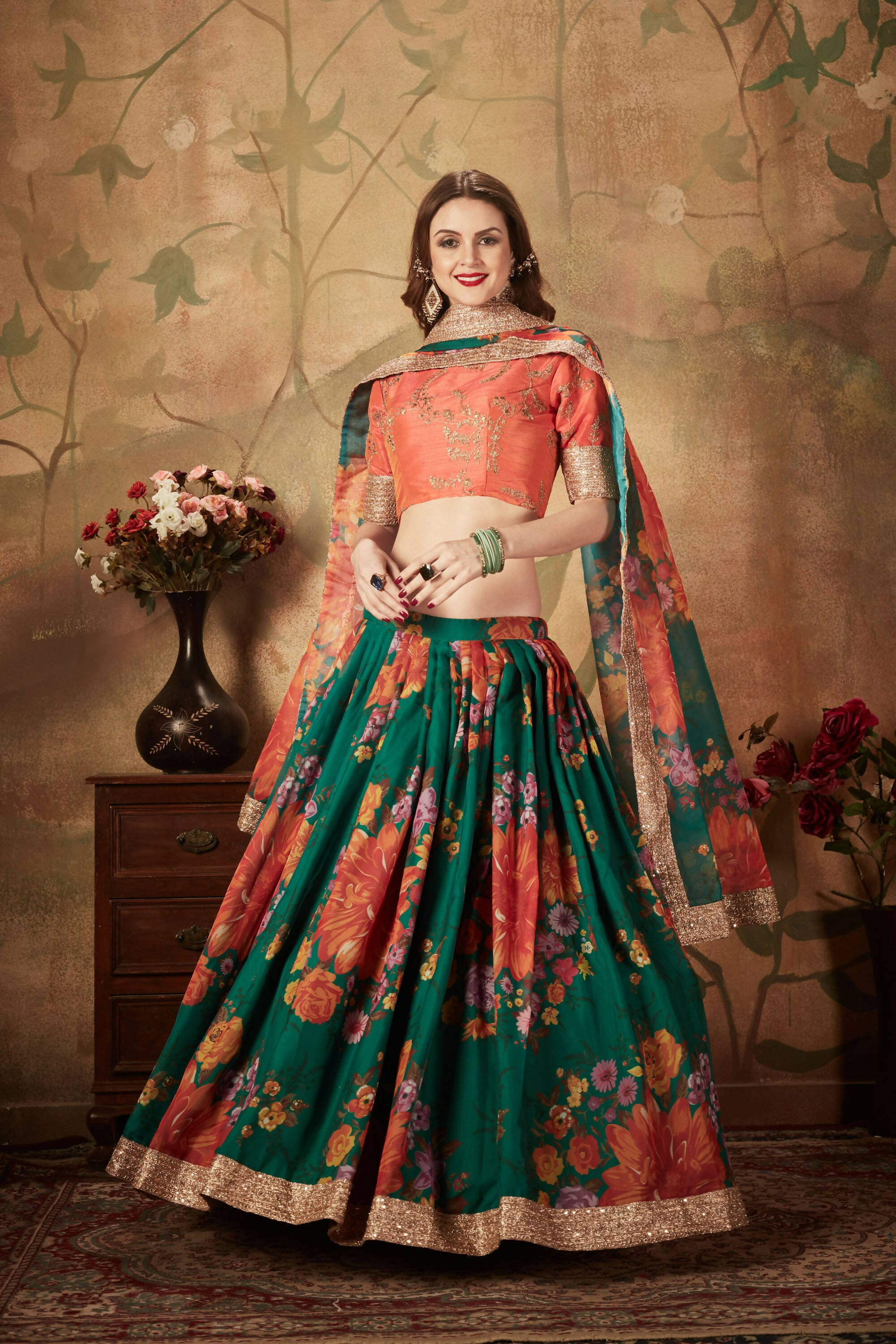 Buy Aastha Fashion Women's Refreshing Dark Green Floral Print Organza Silk Wedding  Lehenga Choli With Orange Blouse Online at Best Price | Distacart