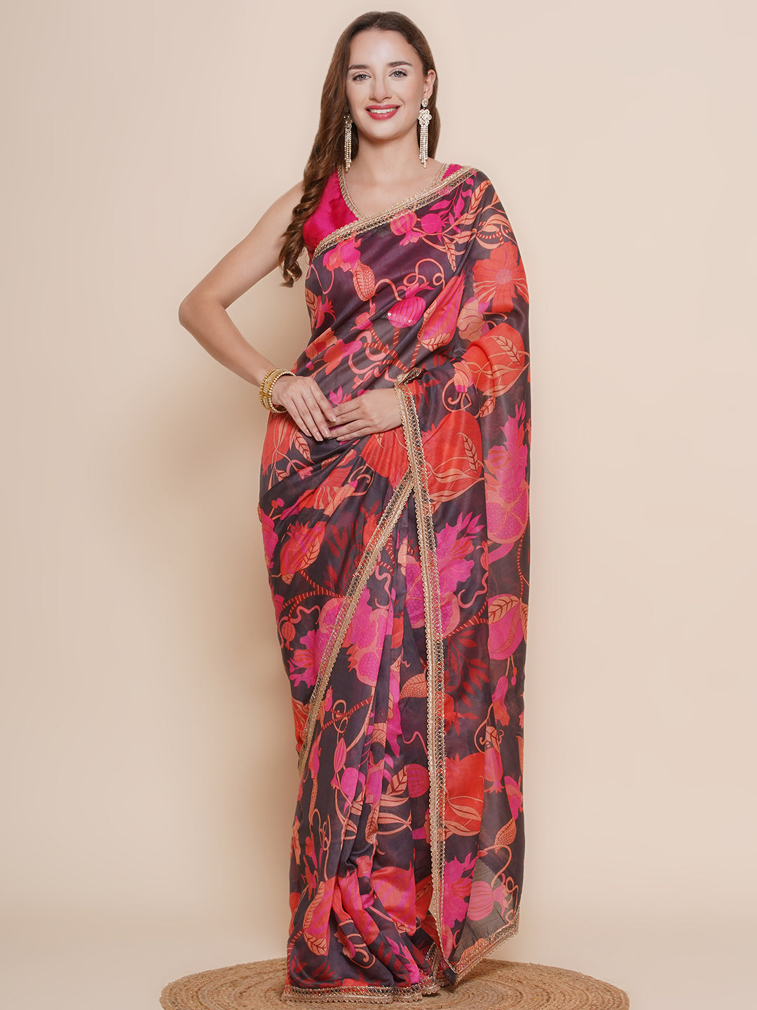 Women's Black Multi Floral Printed Chanderi Sarees with Embellished border - Bhama - Distacart