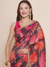 Thumbnail for Women's Black Multi Floral Printed Chanderi Sarees with Embellished border - Bhama - Distacart