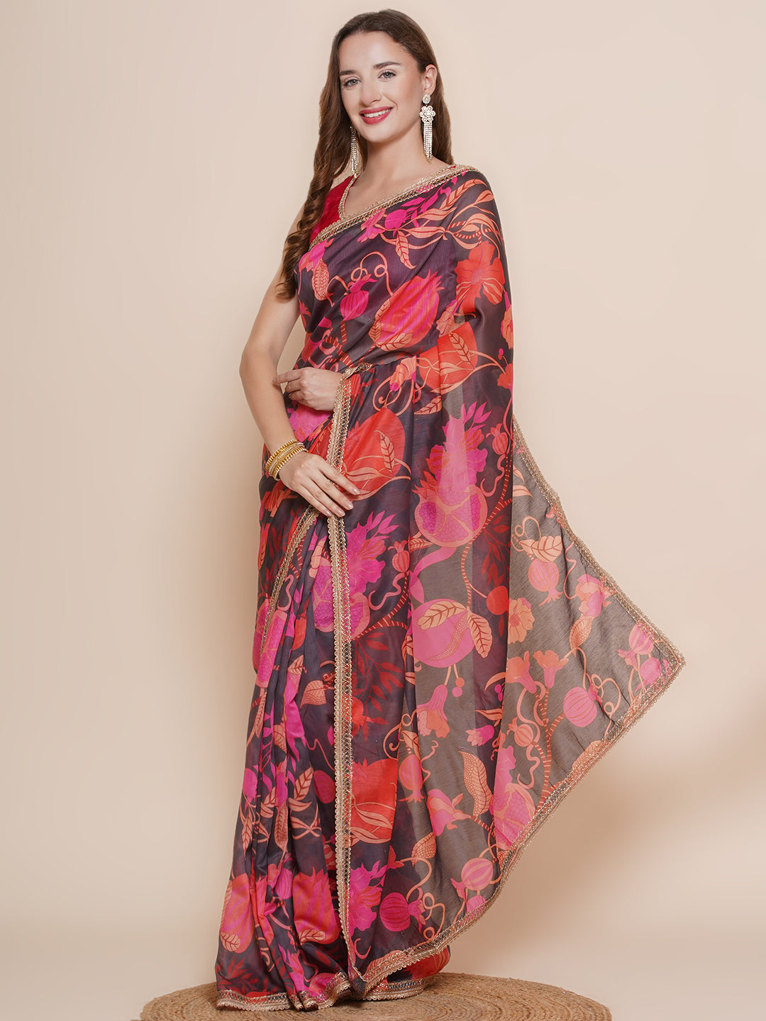 Women's Black Multi Floral Printed Chanderi Sarees with Embellished border - Bhama - Distacart