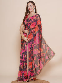 Thumbnail for Women's Black Multi Floral Printed Chanderi Sarees with Embellished border - Bhama - Distacart