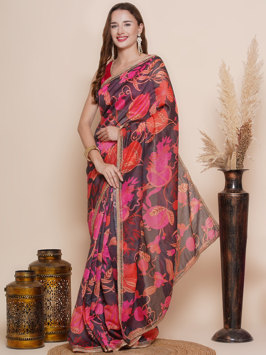 Women's Black Multi Floral Printed Chanderi Sarees with Embellished border - Bhama - Distacart