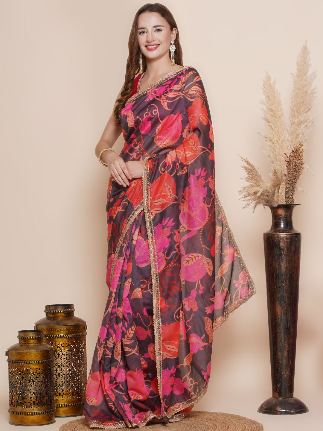 Women's Black Multi Floral Printed Chanderi Sarees with Embellished border - Bhama - Distacart