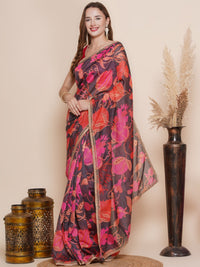 Thumbnail for Women's Black Multi Floral Printed Chanderi Sarees with Embellished border - Bhama - Distacart