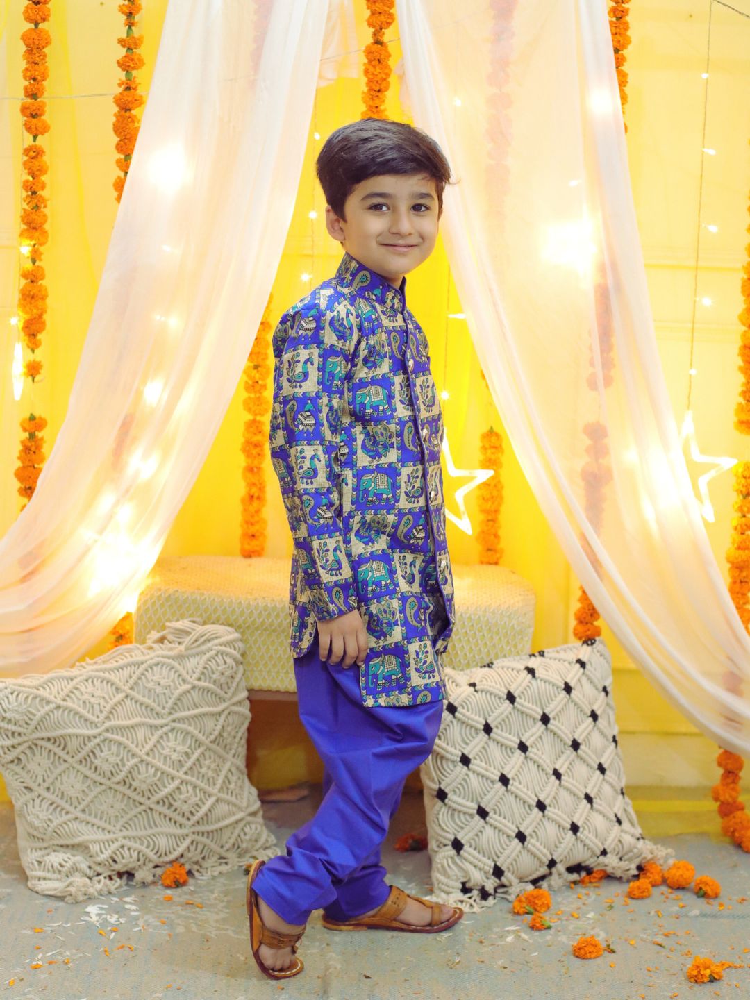 Yellow Kurta With Off White Floral Jacket And Pyjama - Babeehive